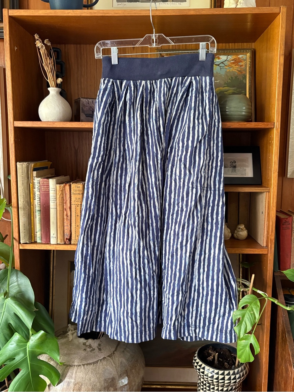 90s Vintage Esprit Cotton Stripe Navy Midi Skirt M